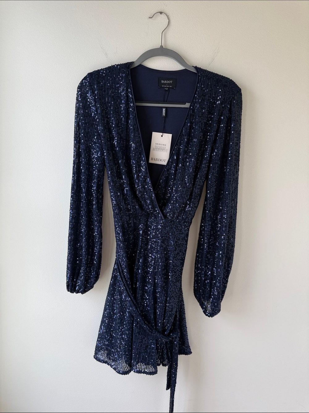 Bardot Navy Sequin Wrap Mini Dress